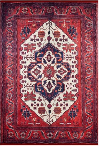 Halımax Dara 121 Yıkanabilir Kaymaz Dokuma Tabanlı Kırmızı Çerçeveli Etnik Modern Halı
