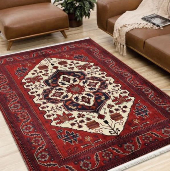 Halımax Dara 121 Yıkanabilir Kaymaz Dokuma Tabanlı Kırmızı Çerçeveli Etnik Modern Halı