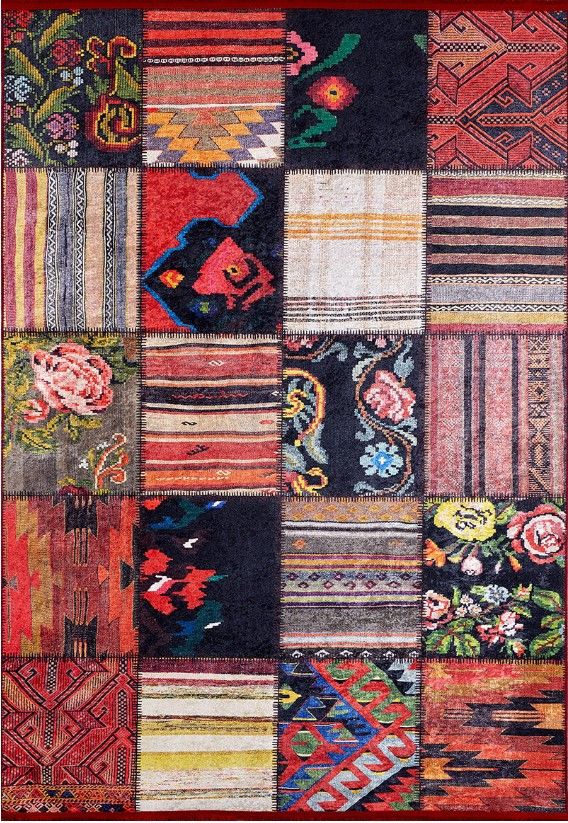 Halımax Dara 125 Yıkanabilir Kaymaz Dokuma Tabanlı Kırmızı Patchwork Desenli Modern Halı