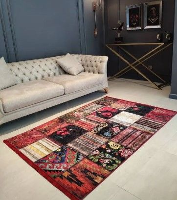 Halımax Dara 125 Yıkanabilir Kaymaz Dokuma Tabanlı Kırmızı Patchwork Desenli Modern Halı
