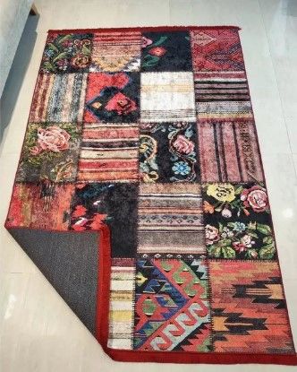 Halımax Dara 125 Yıkanabilir Kaymaz Dokuma Tabanlı Kırmızı Patchwork Desenli Modern Halı
