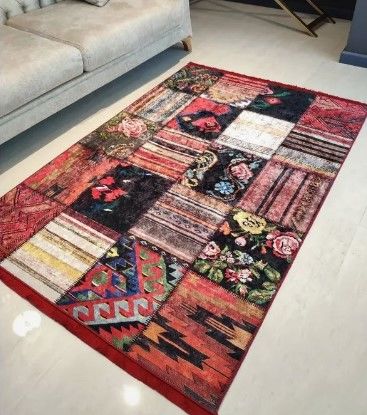 Halımax Dara 125 Yıkanabilir Kaymaz Dokuma Tabanlı Kırmızı Patchwork Desenli Modern Halı