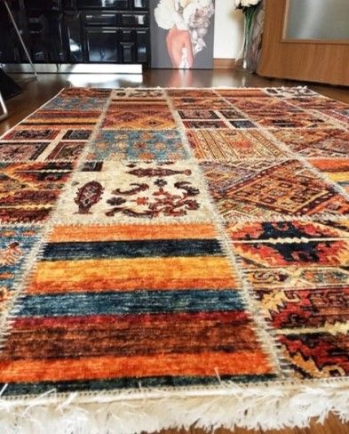 Halımax Dara 173 Yıkanabilir Kaymaz Dokuma Tabanlı Turuncu Patchwork Desenli Modern Halı