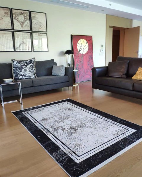 Halımax Dara 182 Yıkanabilir Kaymaz Dokuma Tabanlı Siyah Çerçeveli Modern Halı
