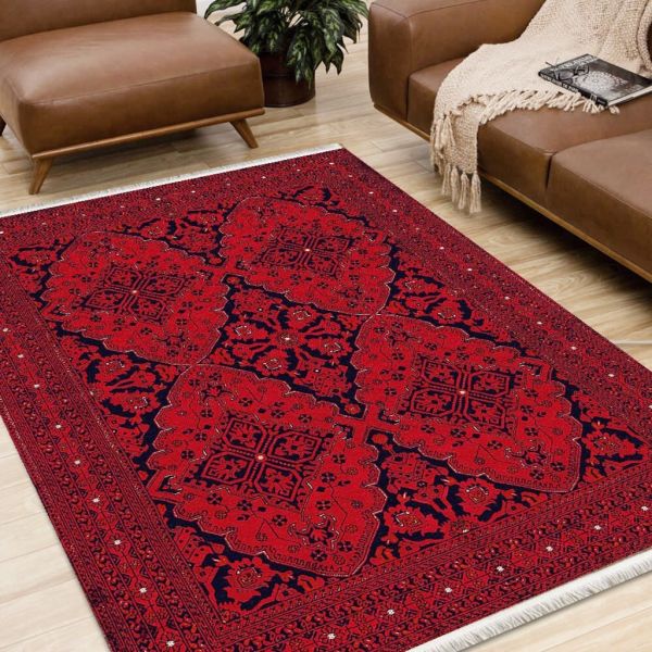 Halımax Dara 396 Yıkanabilir Kaymaz Dokuma Tabanlı Kırmızı Afgan Desenli Modern Halı