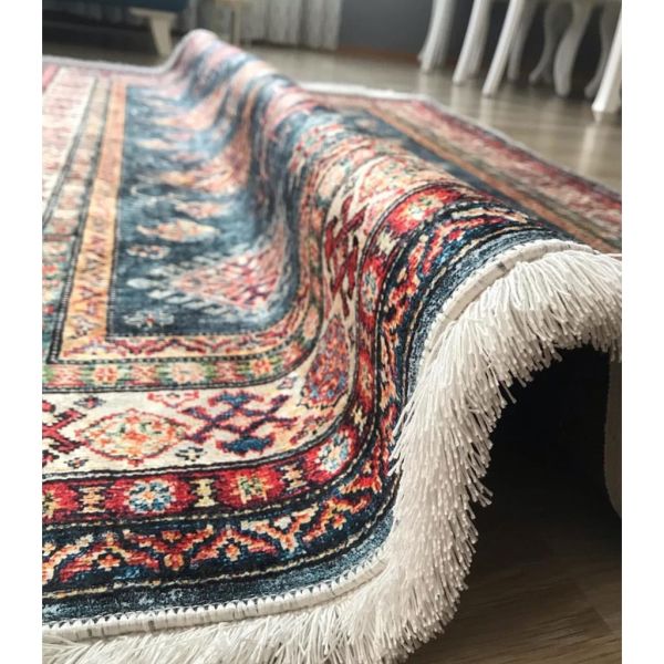 Halımax Dara 174 Yıkanabilir Kaymaz Dokuma Tabanlı Lacivert Çerçeveli Otantik Desenli Halı