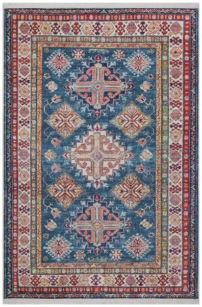 Halımax Dara 174 Yıkanabilir Kaymaz Dokuma Tabanlı Lacivert Çerçeveli Otantik Desenli Halı
