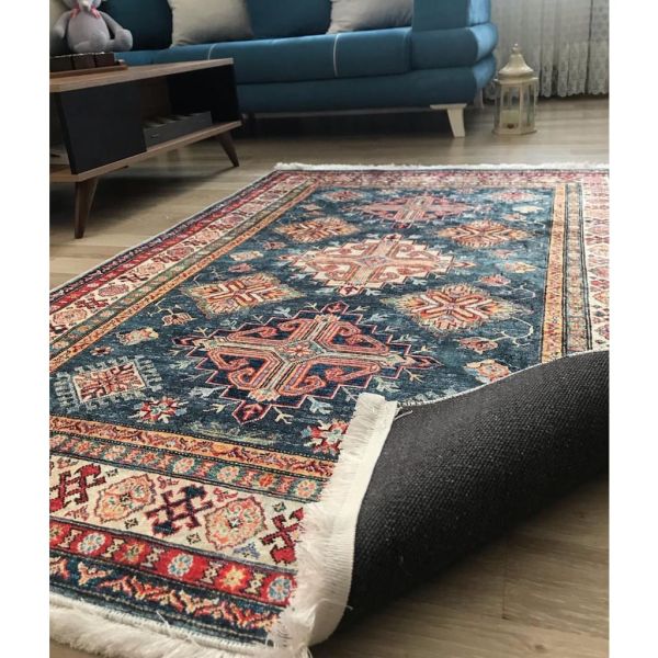 Halımax Dara 174 Yıkanabilir Kaymaz Dokuma Tabanlı Lacivert Çerçeveli Otantik Desenli Halı