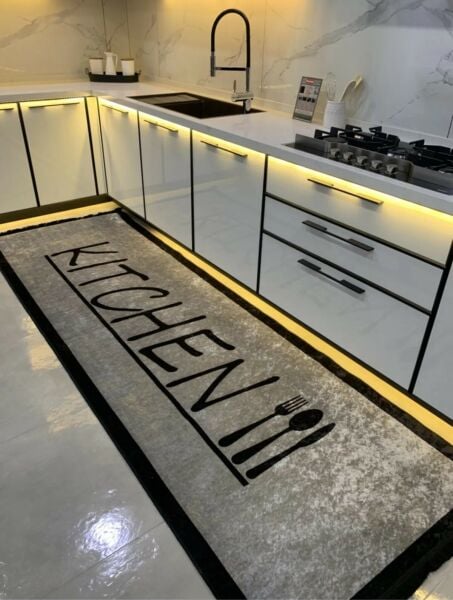 Kaymaz Taban Leke Tutmaz Yıkanabilir Kitchen Gri Fame Mutfak Halısı