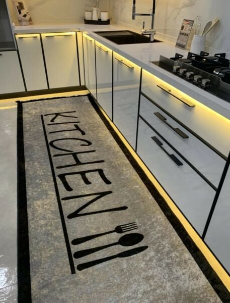 Kaymaz Taban Leke Tutmaz Yıkanabilir Kitchen Gri Fame Mutfak Halısı