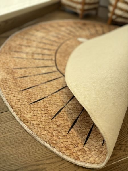 Yuvarlak Hasır Jüt Görünümlü Sevimli Aslan Kaymaz Taban Yıkanabilir Kilim