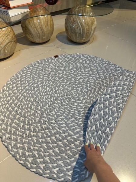 Loom Jüt Çift Taraflı Yıkanabilir Örgü Kilim Yuvarlak Halı Paspas Mutfak Banyo Balkon Gri Beyaz