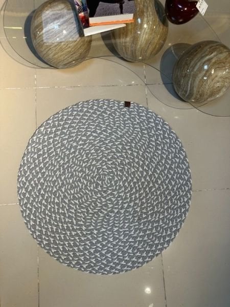 Loom Jüt Çift Taraflı Yıkanabilir Örgü Kilim Yuvarlak Halı Paspas Mutfak Banyo Balkon Gri Beyaz
