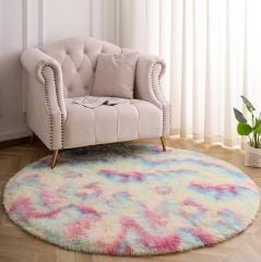 İris Çok Renkli Yuvarlak Makinede Yıkanabilir Yeni Nesil Uzun Tüylü Halı 100x100cm