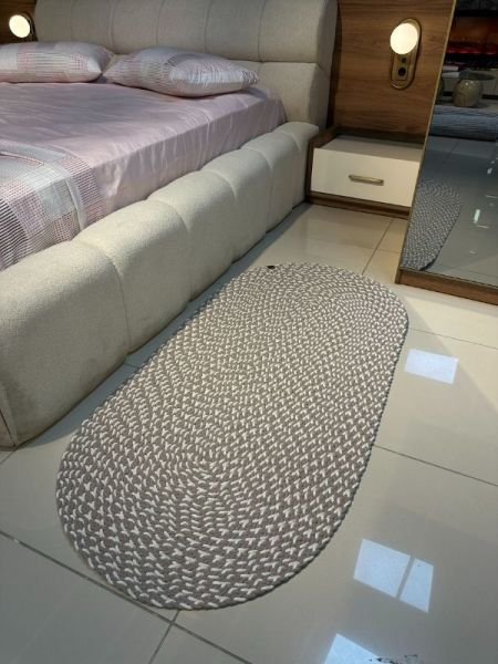 Loom Jüt Çift Taraflı Yıkanabilir Örgü Kilim Oval Halı Paspas Mutfak Banyo Balkon Kahve Beyaz