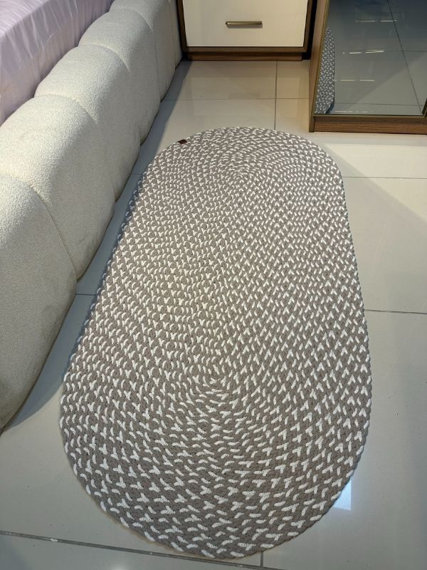 Loom Jüt Çift Taraflı Yıkanabilir Örgü Kilim Oval Halı Paspas Mutfak Banyo Balkon Kahve Beyaz