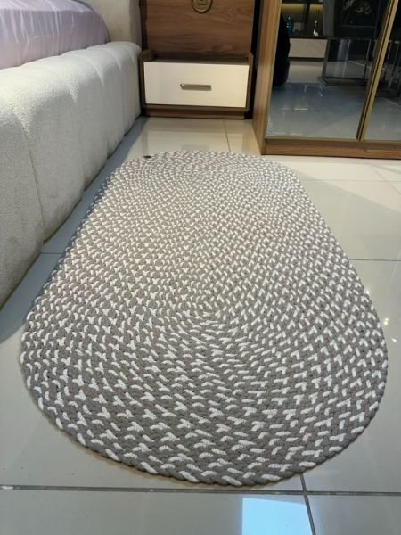 Loom Jüt Çift Taraflı Yıkanabilir Örgü Kilim Oval Halı Paspas Mutfak Banyo Balkon Kahve Beyaz