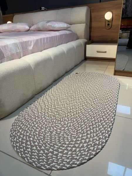 Loom Jüt Çift Taraflı Yıkanabilir Örgü Kilim Oval Halı Paspas Mutfak Banyo Balkon Kahve Beyaz