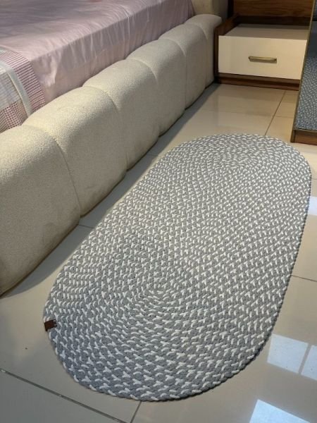 Loom Jüt Çift Taraflı Yıkanabilir Örgü Kilim Oval Halı Paspas Mutfak Banyo Balkon Gri Beyaz