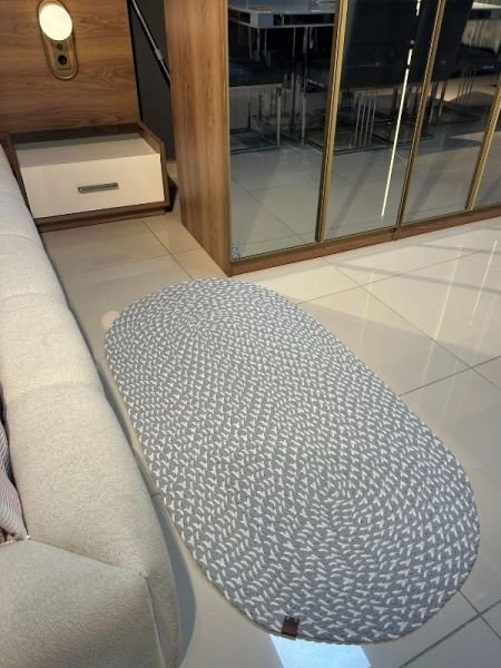 Loom Jüt Çift Taraflı Yıkanabilir Örgü Kilim Oval Halı Paspas Mutfak Banyo Balkon Gri Beyaz