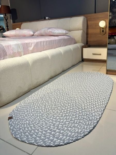 Loom Jüt Çift Taraflı Yıkanabilir Örgü Kilim Oval Halı Paspas Mutfak Banyo Balkon Gri Beyaz