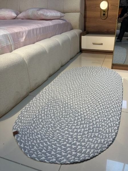 Loom Jüt Çift Taraflı Yıkanabilir Örgü Kilim Oval Halı Paspas Mutfak Banyo Balkon Gri Beyaz
