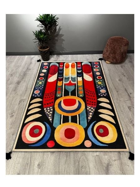 Drom Makinede Yıkanabilir Kaymaz Tabanlı Halı Multi Renkli Soyut Desenli Saçaklı Kilim