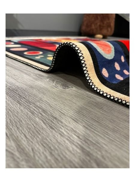 Drom Makinede Yıkanabilir Kaymaz Tabanlı Halı Multi Renkli Soyut Desenli Saçaklı Kilim