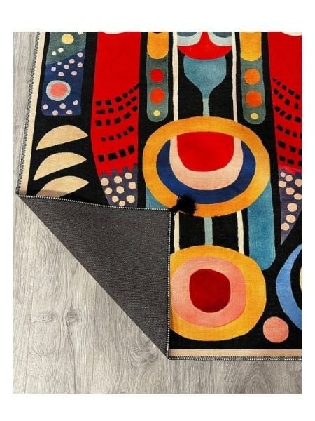 Drom Makinede Yıkanabilir Kaymaz Tabanlı Halı Multi Renkli Soyut Desenli Saçaklı Kilim