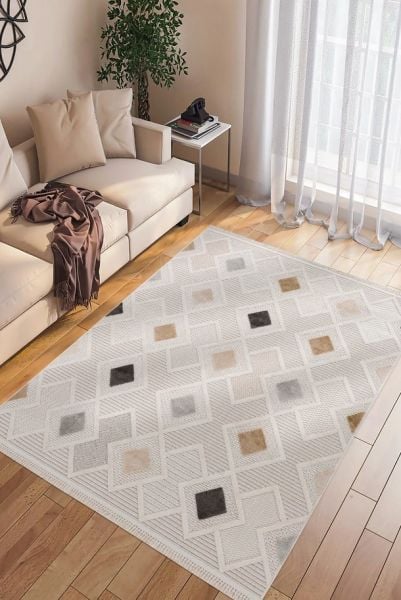 Enti Halı Bonn 8804 Krem Kabartmalı Salon Halısı Modern Geometrik Makine Halısı