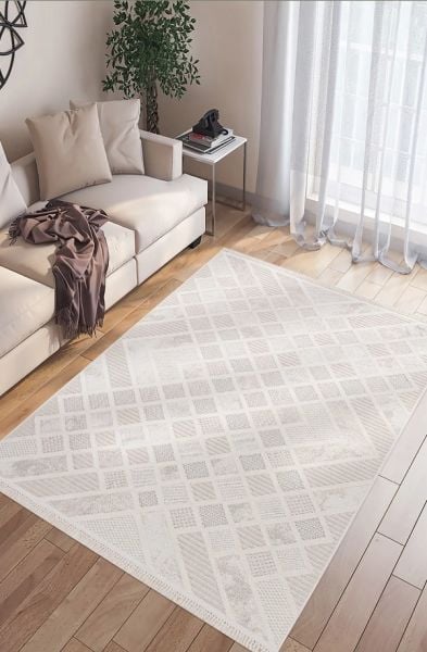 Enti Halı Bonn 8802 Krem Kabartmalı Salon Halısı Modern Geometrik Makine Halısı