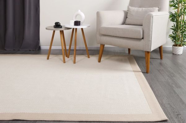 Lodz Bordürlü Sisal Hav Toz Vermeyen Dokuma Halı Hasır Krem Bej Modern Kilim