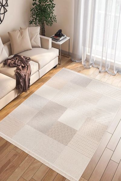 Enti Halı Bonn 8806 Krem Kabartmalı Salon Halısı Modern Geometrik Makine Halısı