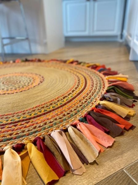 Milda 15 Hasırlı El Örgüsü Çift Taraflı Jüt Kilim Yuvarlak Renkli Püsküllü Jüt Halı 140x140