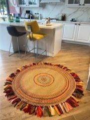 Milda 15 Hasırlı El Örgüsü Çift Taraflı Jüt Kilim Yuvarlak Renkli Püsküllü Jüt Halı 140x140