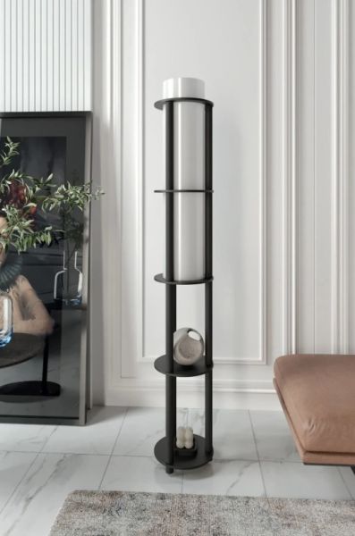 Messer Dor Siyah Raflı Modern Lambader Ayaklı Dekoratif Abajur Modern Aydınlatma