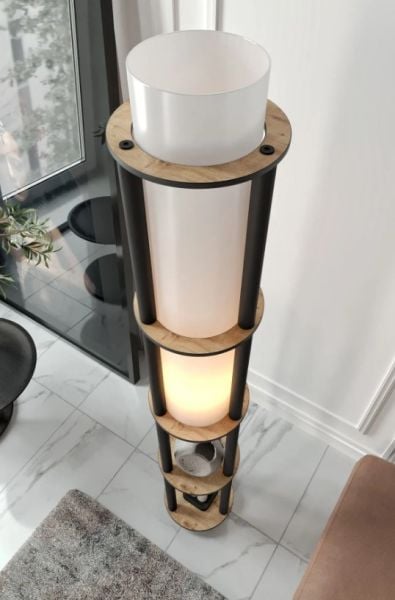 Messer Dor Meşe Raflı Modern Lambader Ayaklı Dekoratif Abajur Modern Aydınlatma