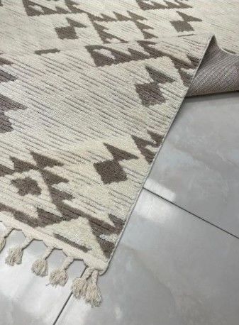 Seyran Halı Matta 2023 Bej Hav Toz Vermez Yumuşak Dokulu İskandinav Desen Modern Örgü Saçaklı Halı