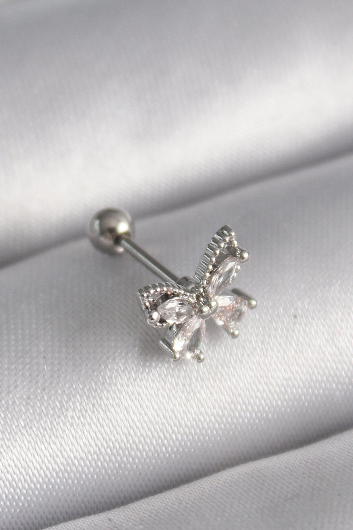 Gümüş Zirkon Taşlı Kelebek Tragus Piercing - 316L Çelik