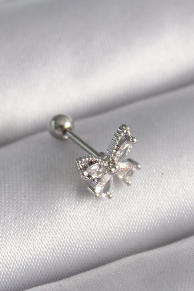 Gümüş Zirkon Taşlı Kelebek Tragus Piercing - 316L Çelik