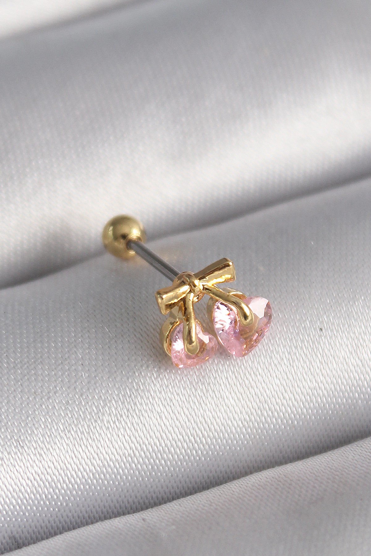 Gold Pembe Zirkon Taşlı Kalp Tragus Piercing - 316L Çelik