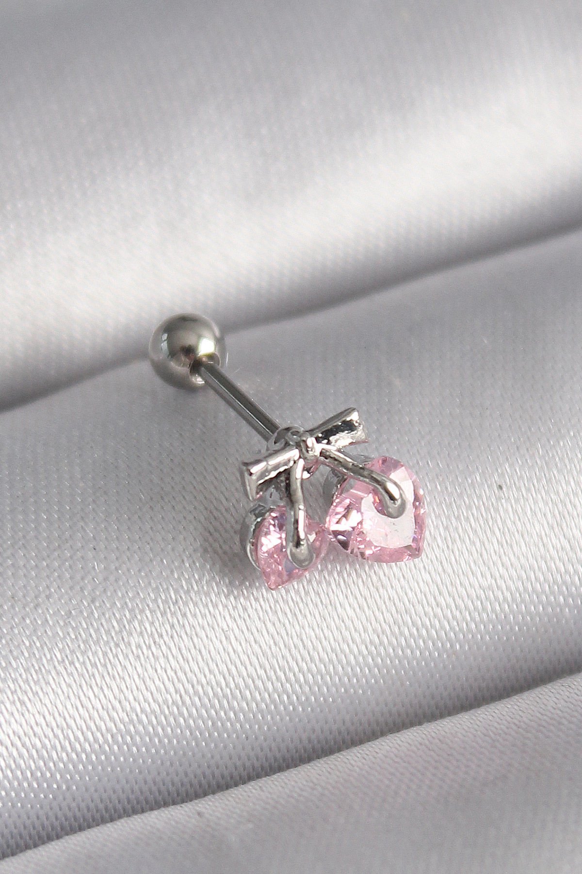 Gümüş Pembe Zirkon Taşlı Kalp Tragus Piercing - 316L Çelik