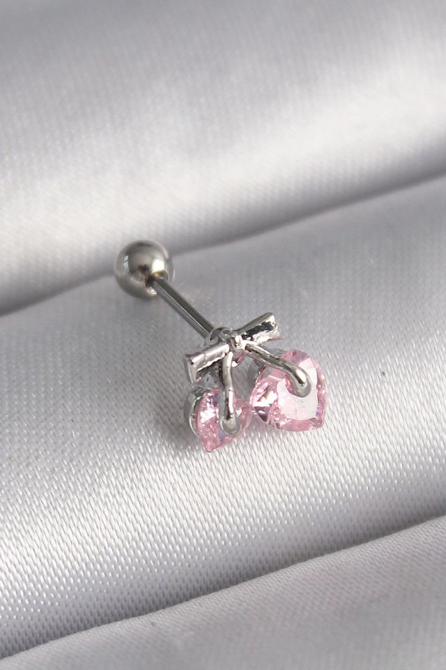 Gümüş Pembe Zirkon Taşlı Kalp Tragus Piercing - 316L Çelik