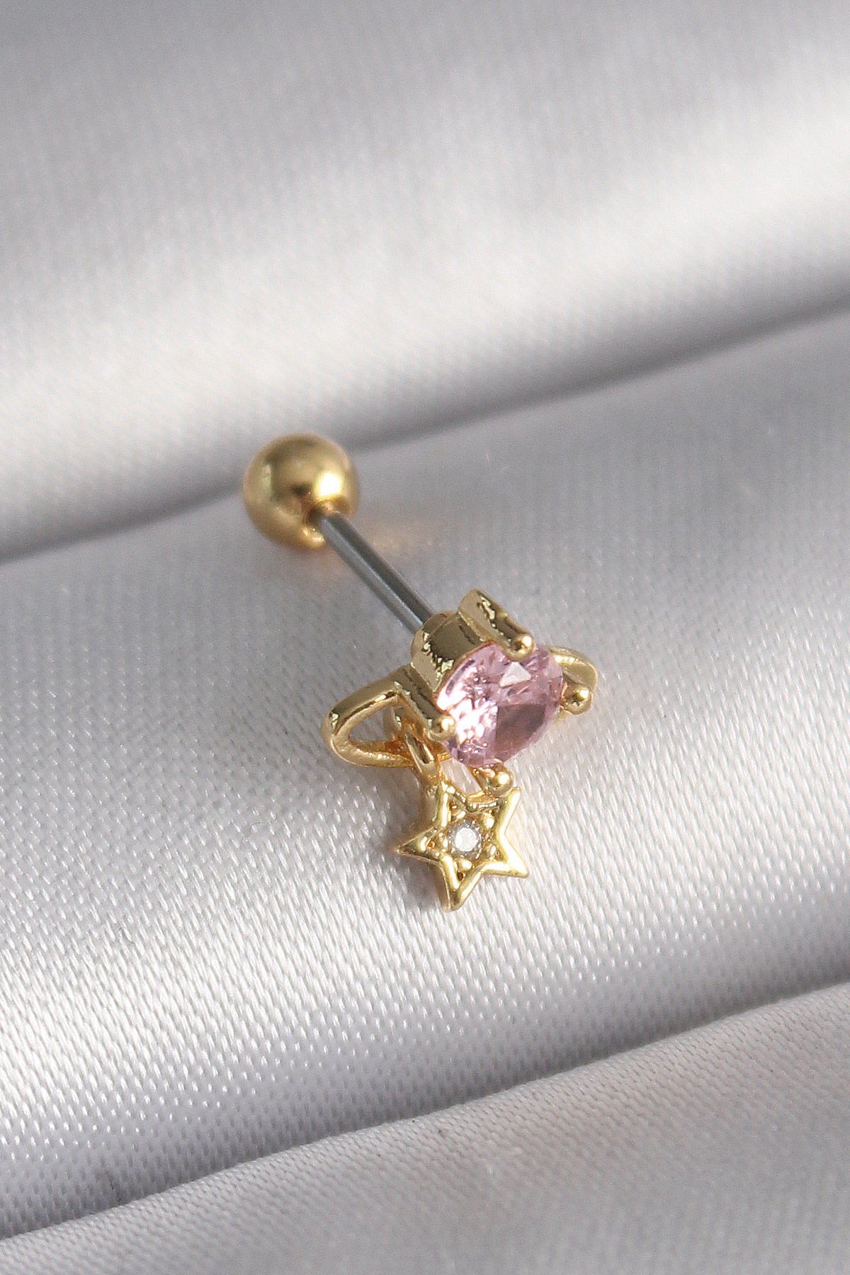 Gold Pembe Zirkon Taşlı  Yıldız Tragus Piercing - 316L Çelik