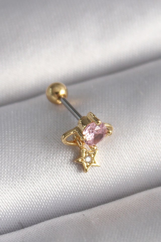 Gold Pembe Zirkon Taşlı  Yıldız Tragus Piercing - 316L Çelik
