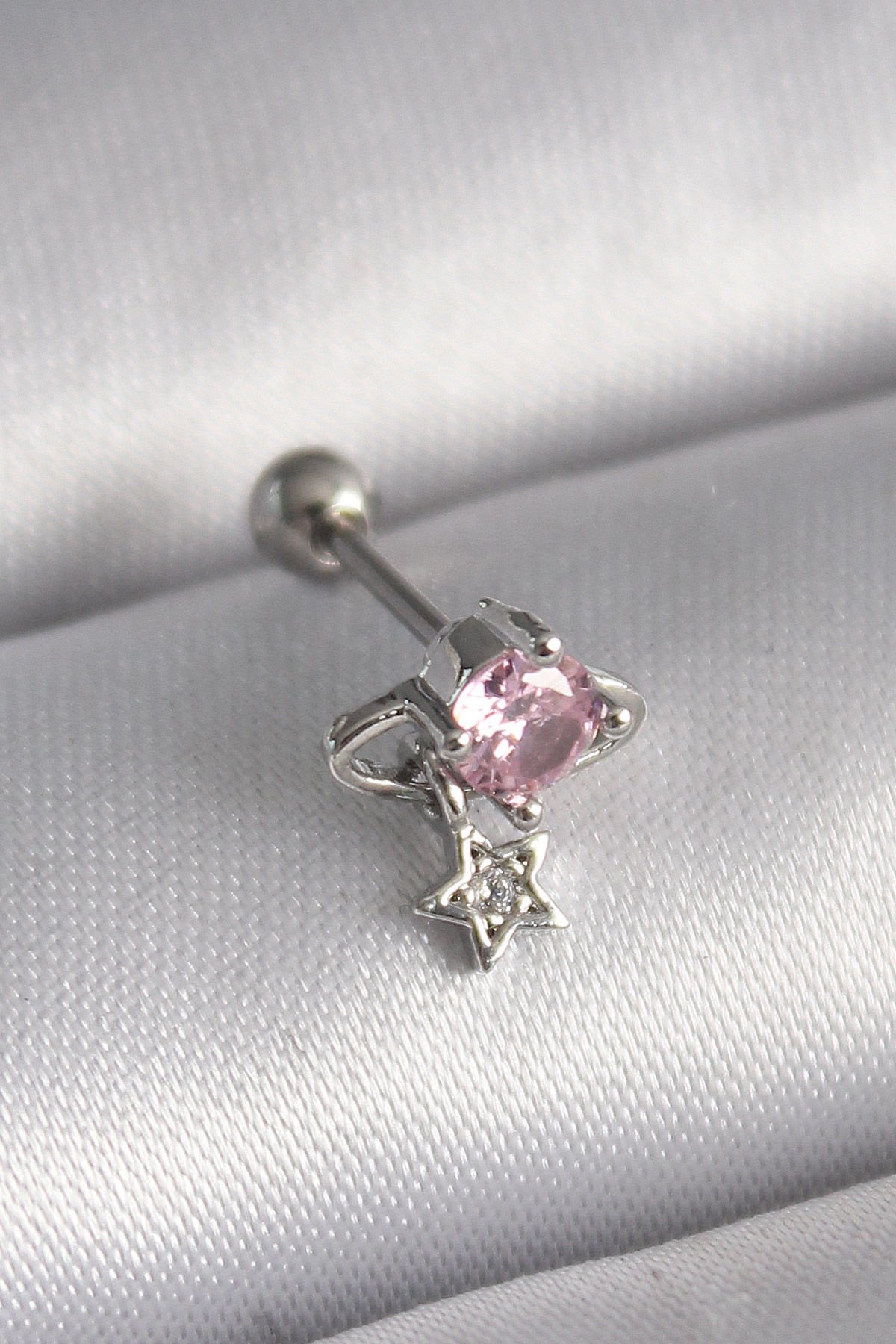 Gümüş Pembe Zirkon Taşlı  Yıldız Tragus Piercing - 316L Çelik