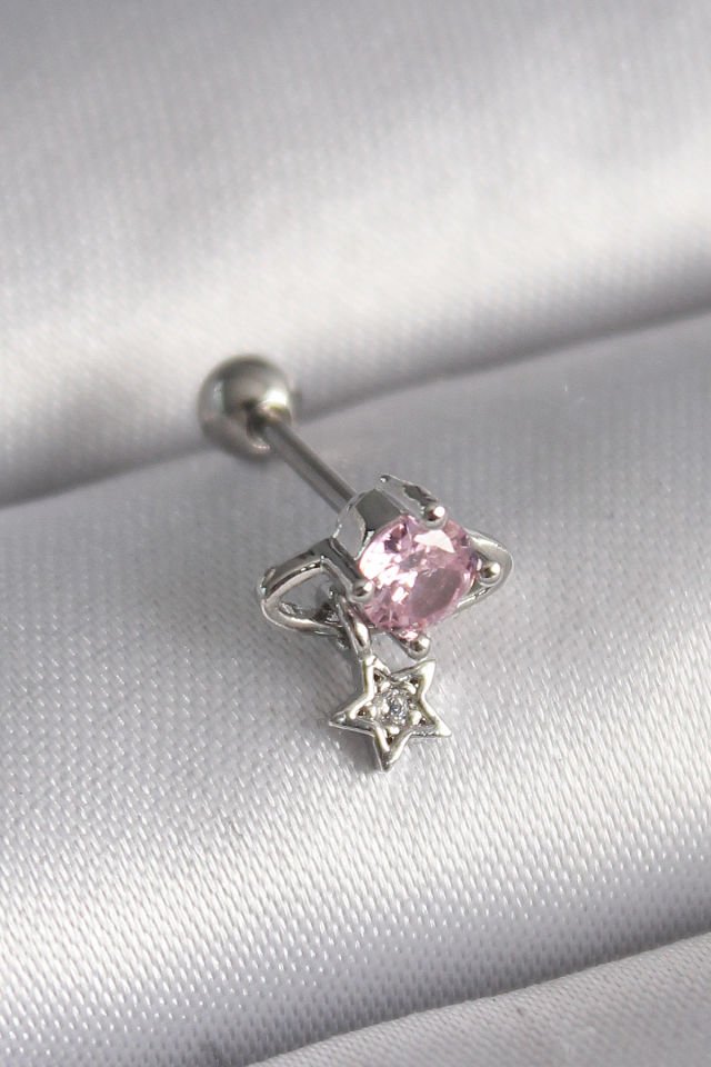 Gümüş Pembe Zirkon Taşlı  Yıldız Tragus Piercing - 316L Çelik