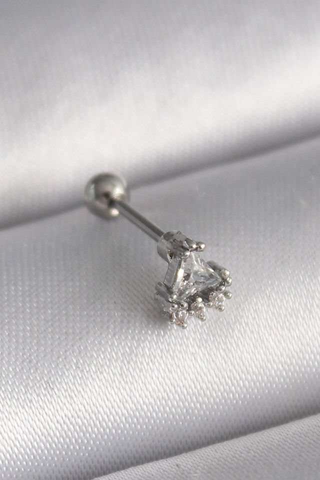Gümüş Üçgen Zirkon Taşlı Tragus Piercing - 316L Çelik