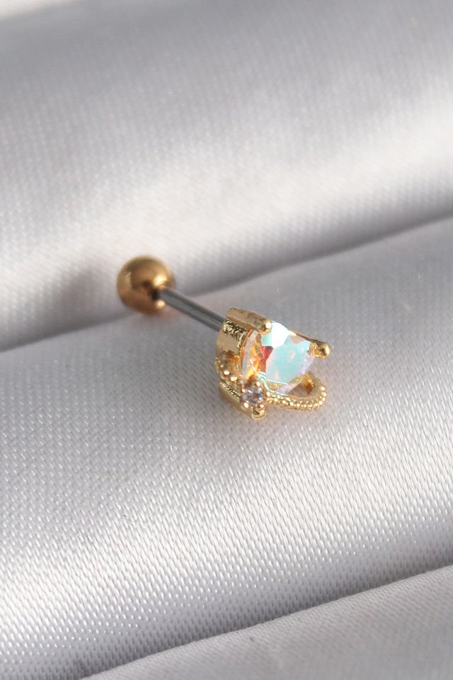 Gold Zirkon Taşlı Kalp Tragus Piercing - 316L Çelik