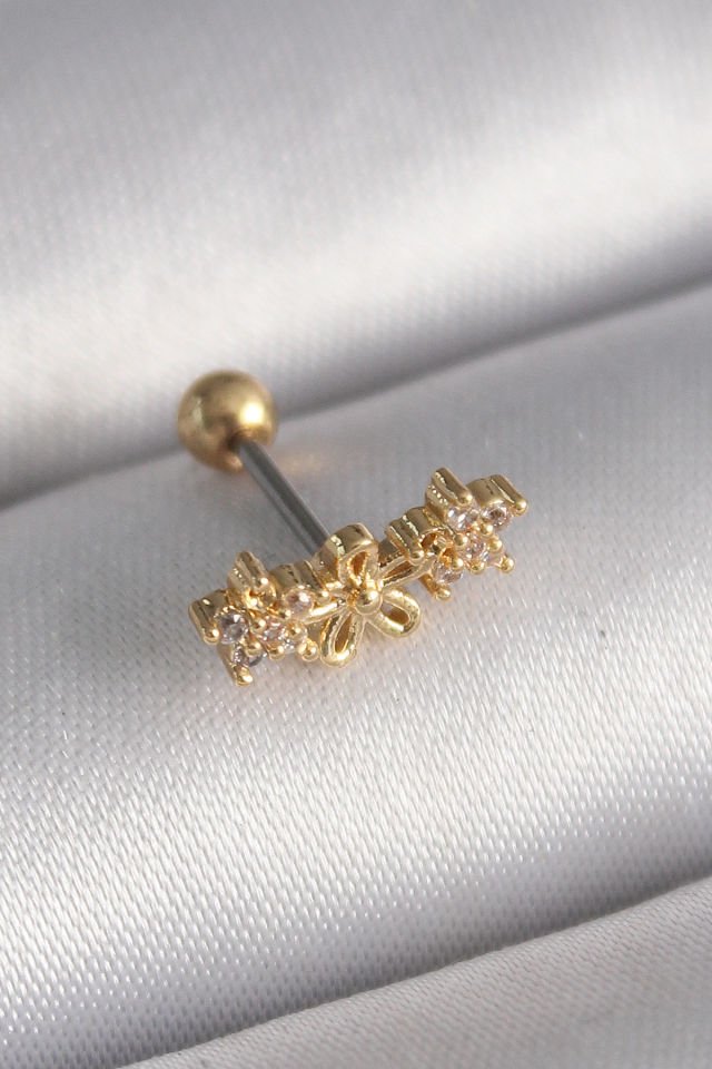 Gold Zirkon Taşlı Çiçek Tragus Piercing - 316L Çelik